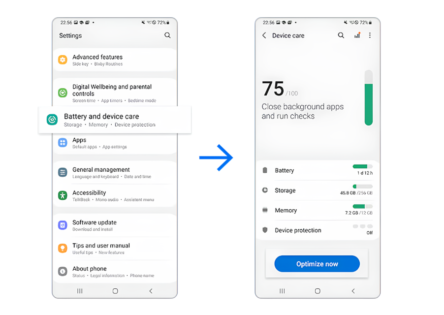 Tampilan menu settings Samsung untuk mengecek ketersedian memori HP